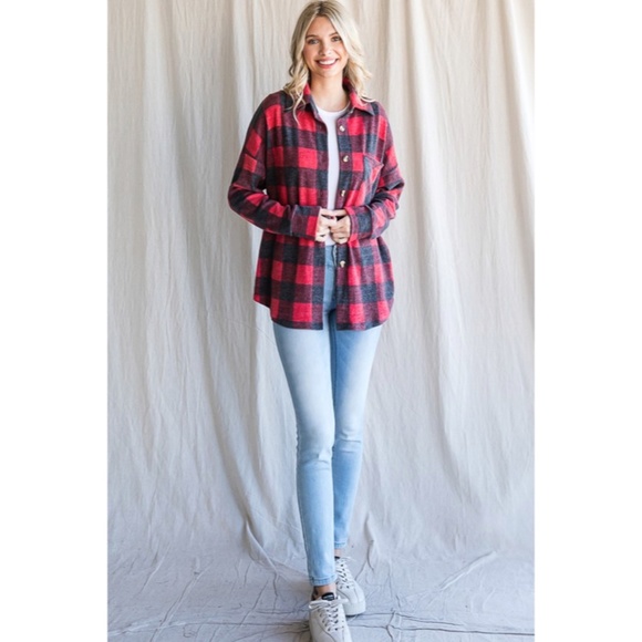 SOLD OUT Red Checker Plaid Buffalo Print Button Down Long Sleeve Casual Top - Picture 5 of 5